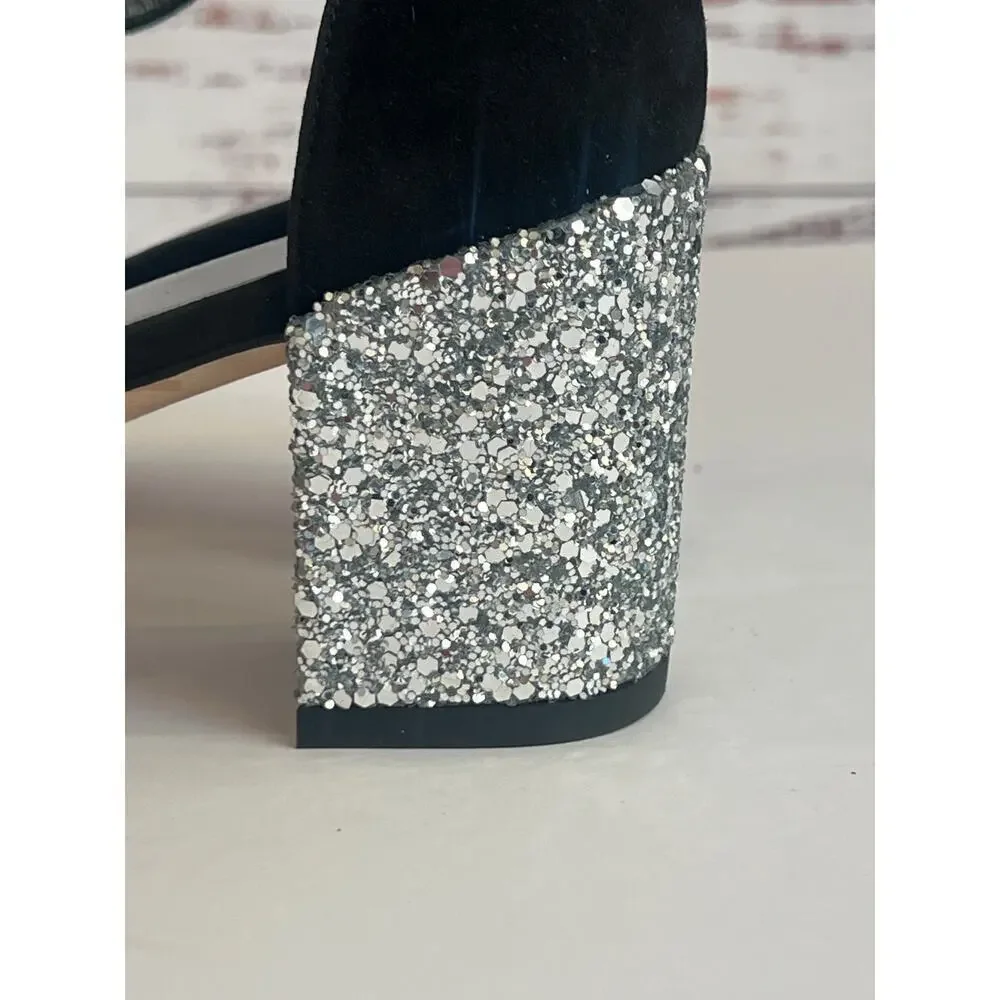 Stuart Weitzman Simplemid black suede silver glitter block heel size 9